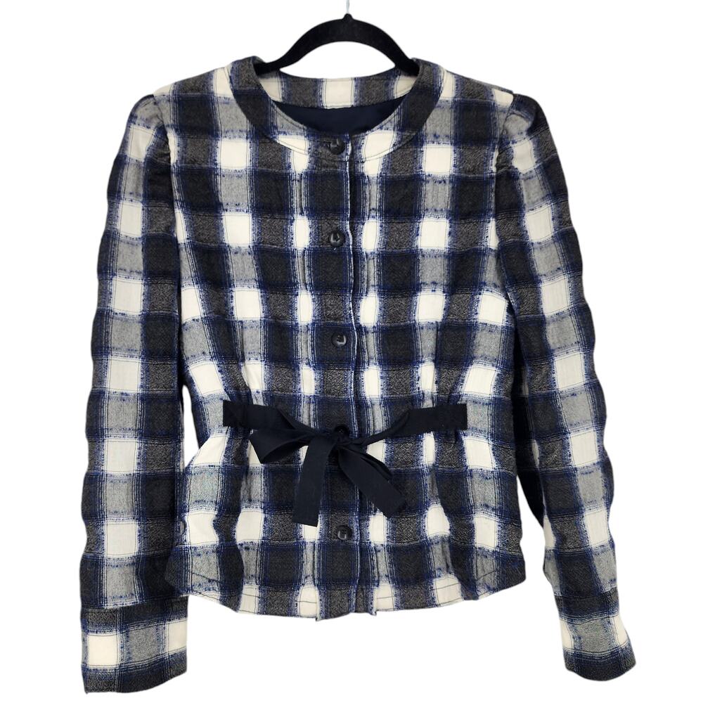 Club Monaco Blue and White Plaid Wool Blend Jacket with Waist Tie Size XS